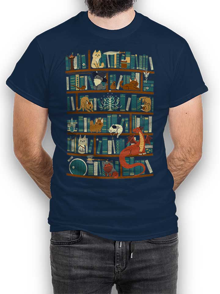 Cats Bookshelf T-Shirt dunkelblau L